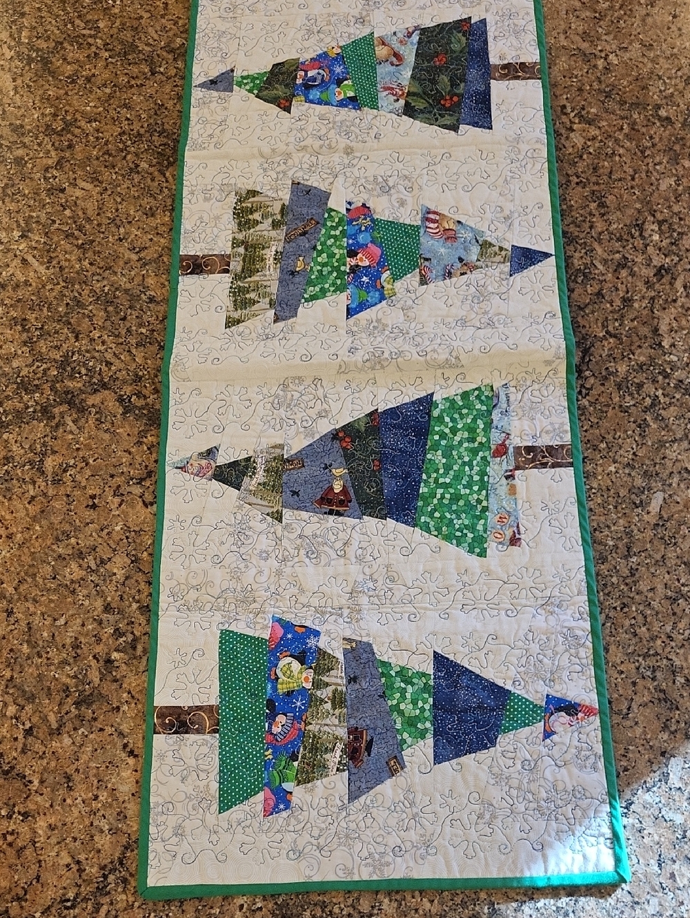 Handmade Patchwork Christmas Tree Table Runner - Blue and Green Accents